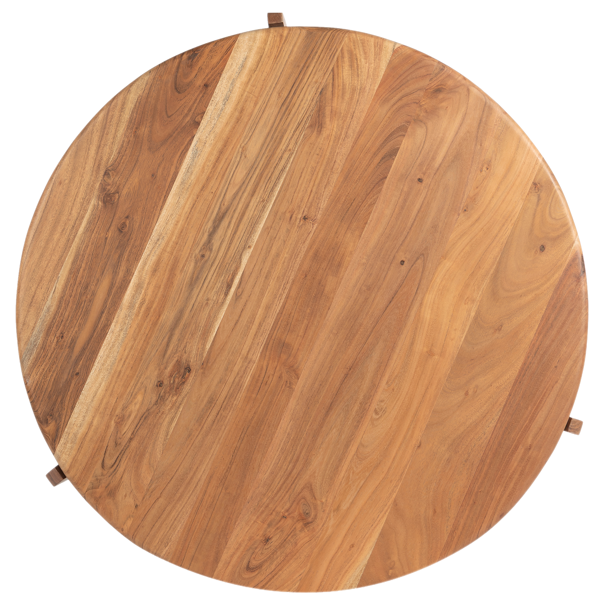 Full view of round acacia wood coffee table top from above